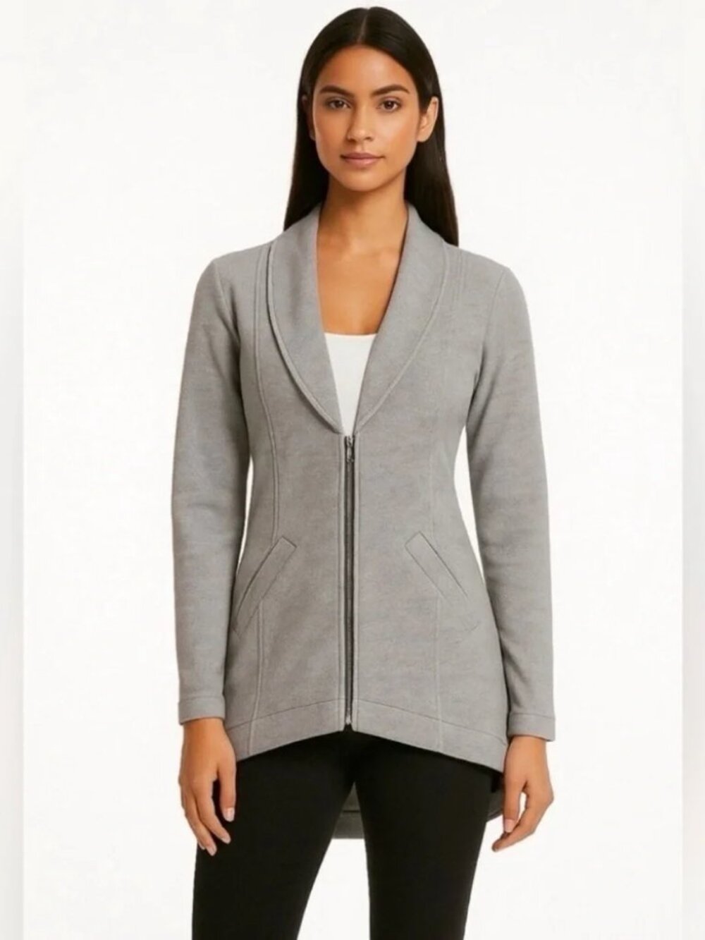 CAbi 5300 Black & White Pinstripe Jacket Blazer Zipper Pockets Hi/low Medium